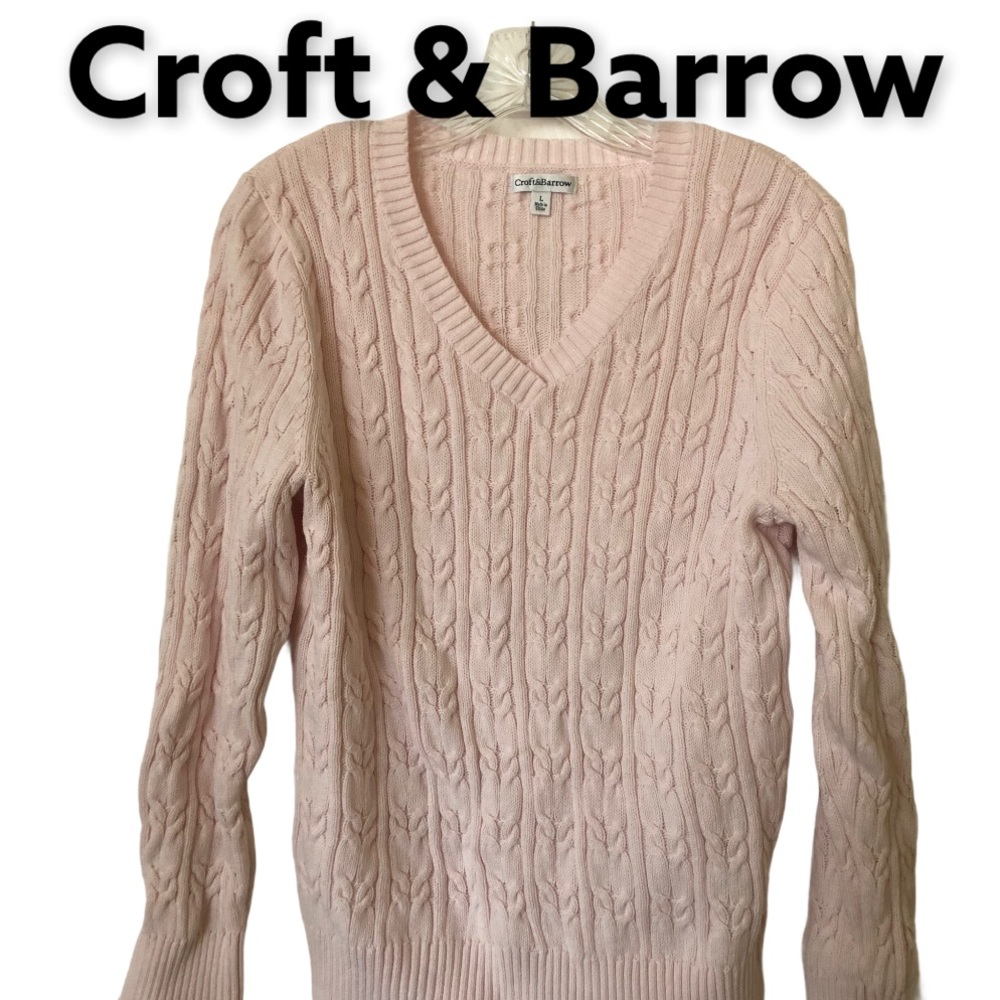 Croft & Barrow V-Neck Cable Knit Pink Cotton Sweater L